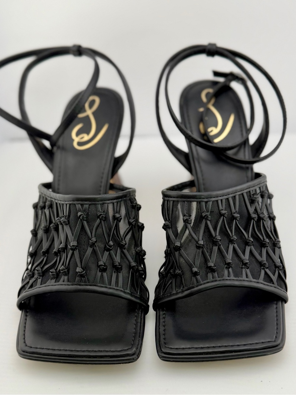Sam Edelman Candice Black Mesh Strappy Heels Women’s Size 9.5M Square Toe